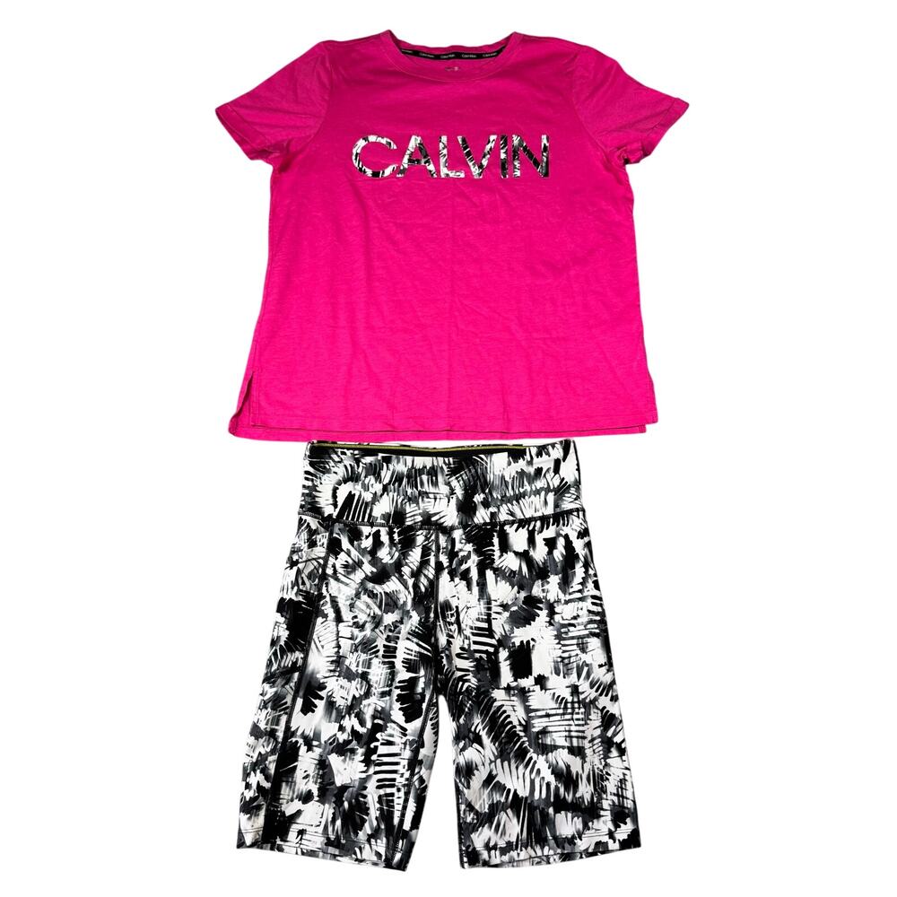 Calvin Klein Women's Athletic Pink T-Shirt and Printed Bike Shorts Bundle - Med